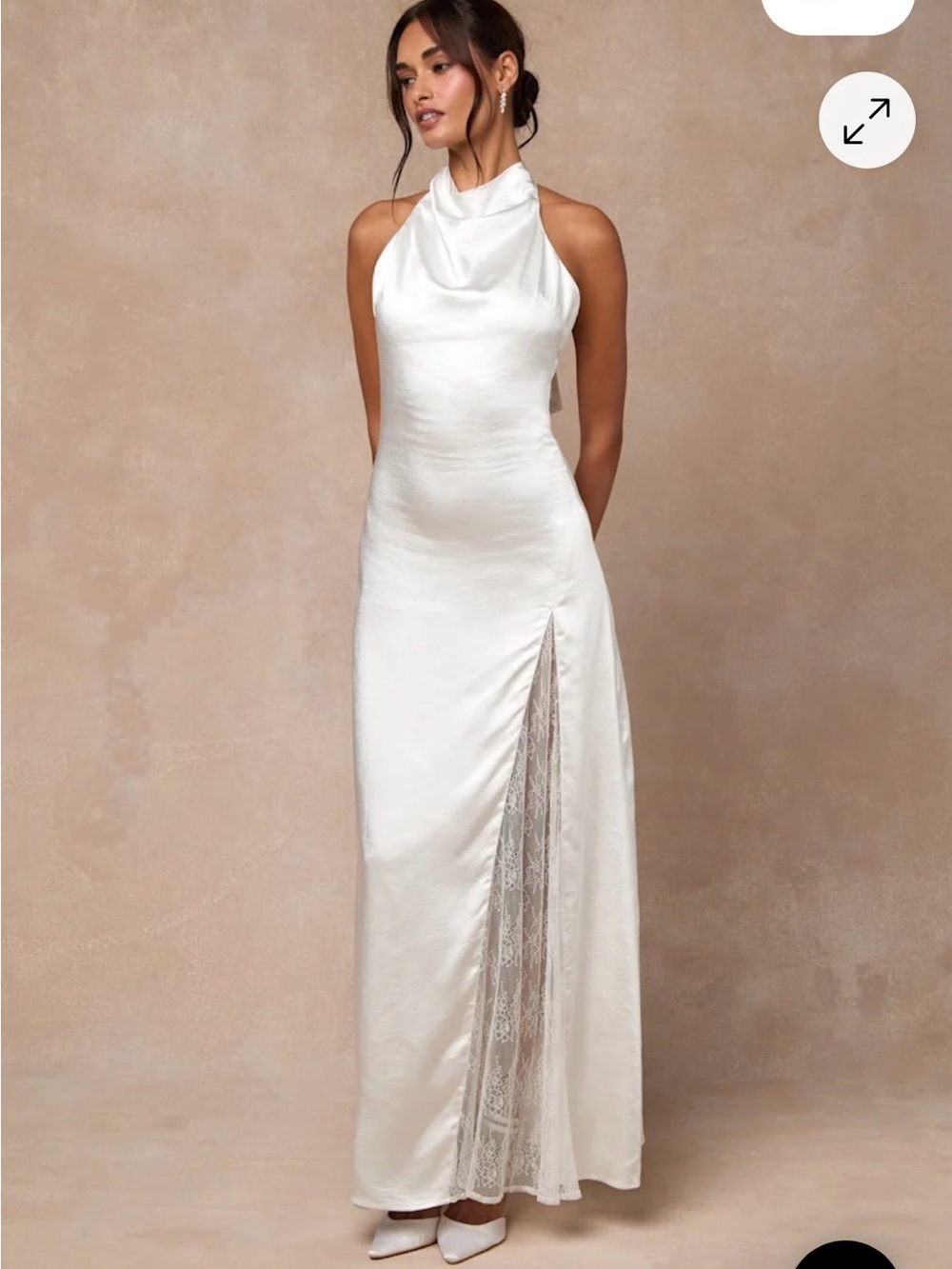 Lulu's Ivory Satin Cowl Halter Maxi Dress with Lace Slit
